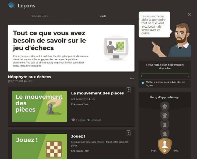 Avis Chess.com : la meilleure plateforme d’échecs en ligne ? 7 Des leçons et guides pour débutants, intermédiaires et experts