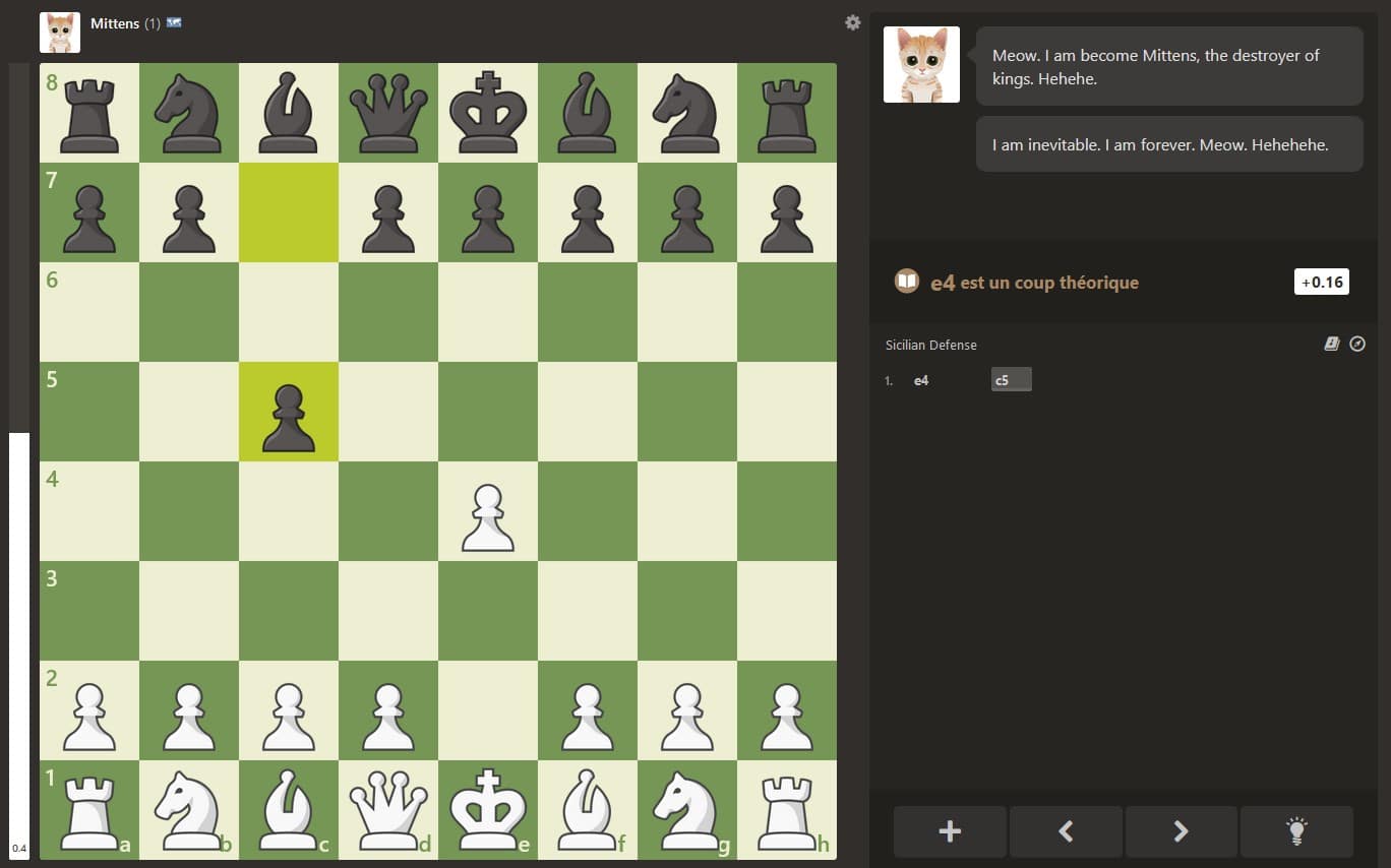 Qui est Mittens, le petit chaton de Chess.com ? 2 Screnshot d'une partie contre l'IA Mittens sur chess.com