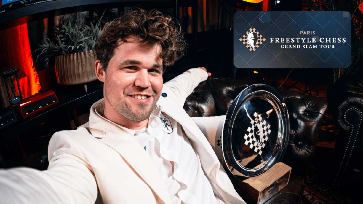 Freestyle Chess Grand Slam Paris 2025 : Carlsen s'impose avec la manière 2 Carlsen savoure sa victoire en selfie en montrant le trophée du Grand Slam Paris 2025
